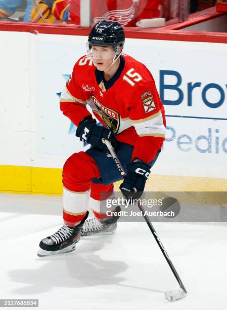 Anton Lundell of the Florida Panthers skates up ice against the Detroit Red Wings at the Amerant Bank Arena on March 30, 2024 in Sunrise, Florida.
