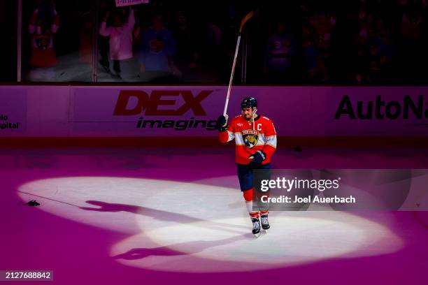 Aleksander Barkov of the Florida Panthers skates onto the ice after being awarded the first start of the game for his play against the Detroit Red...