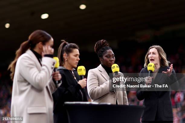 Anita Asante and Ellen White speak for BBC Sport during the FA Women's Continental Tyres League Cup Final match between Arsenal and Chelsea at...