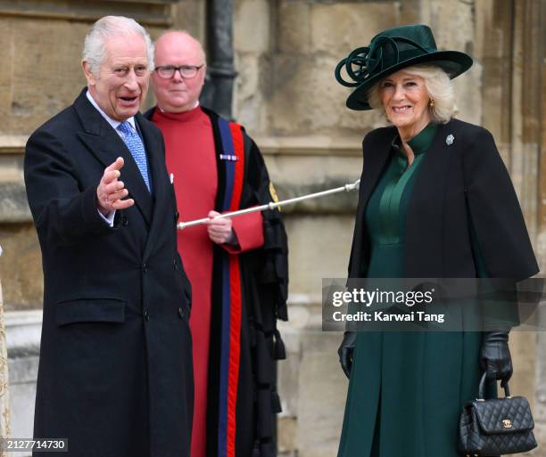 King Charles III and Queen Camilla attend the Easter Mattins Service at St George's Chapel, Windsor Castle on March 31, 2024 in Windsor, England.