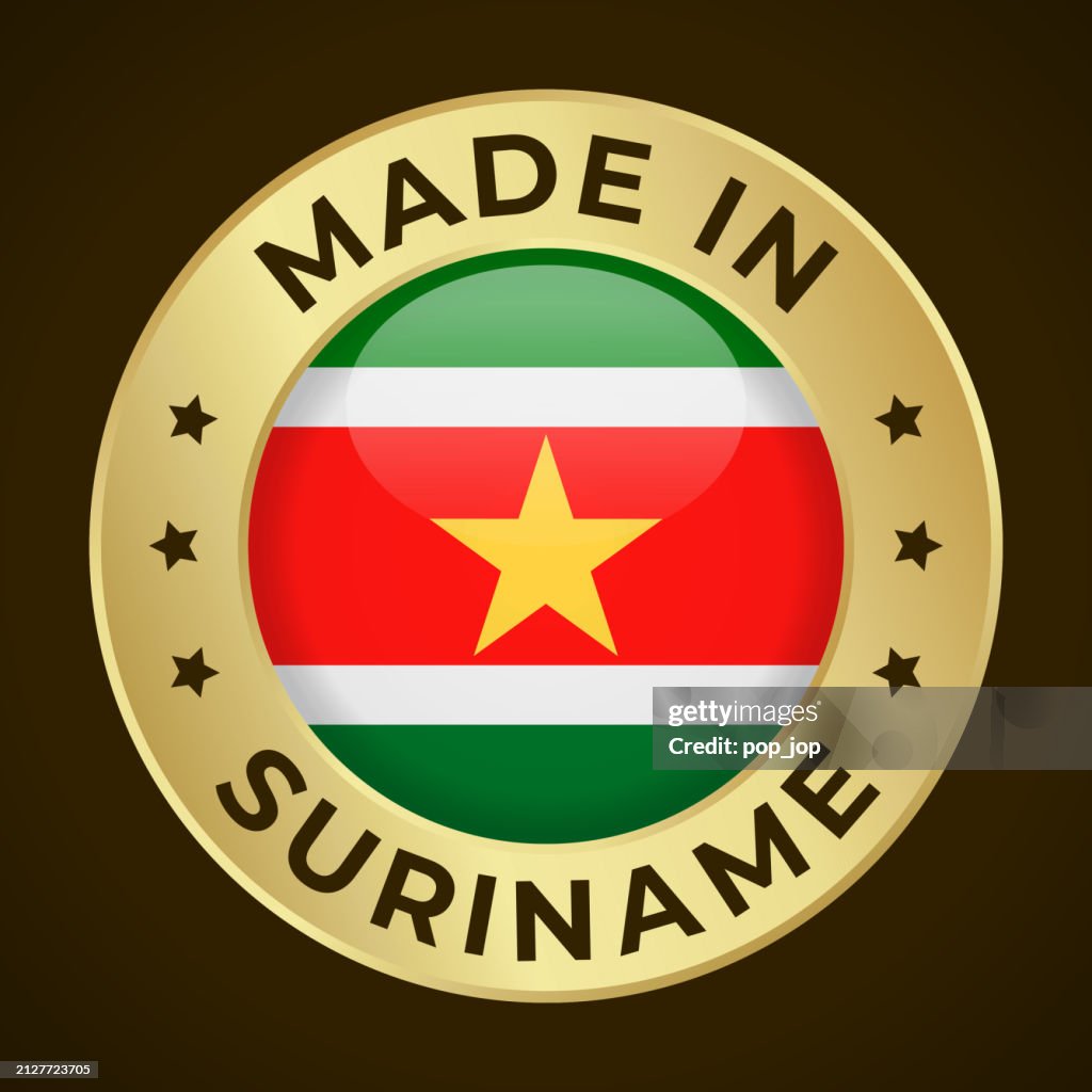Made in Suriname - Vector Graphics. Round Golden Label Badge Emblem with Flag of Suriname and Text Made in Suriname. Isolated on Dark Background