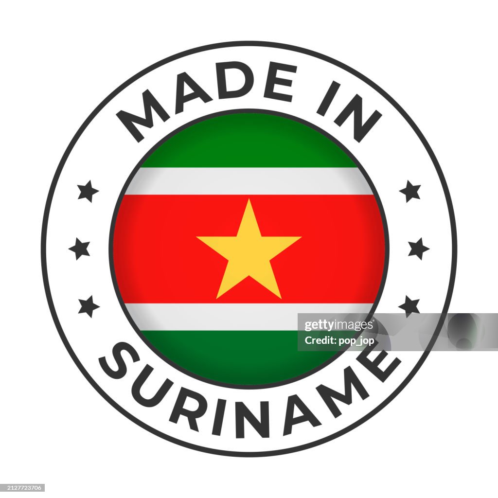 Made in Suriname - Vector Graphics. Round Simple Label Badge Emblem with Flag of Suriname and Text Made in Suriname. Isolated on White Background