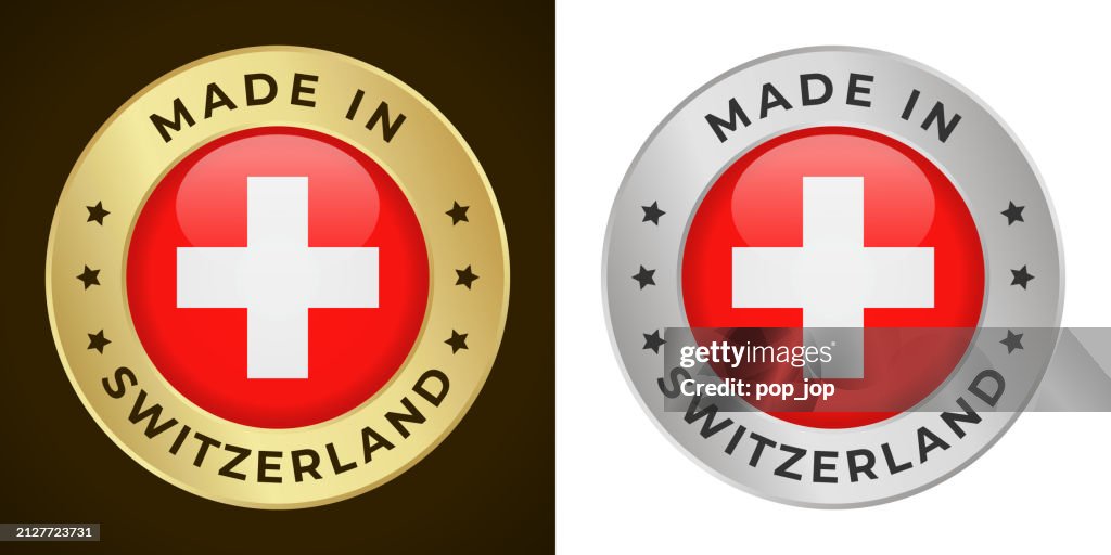 Hecho en Suiza - Gráficos vectoriales. Emblema redondo de insignia de etiqueta dorada y plateada engastado con la bandera de Suiza y el texto Made in Switzerland. Aislado sobre fondos blancos y oscuros