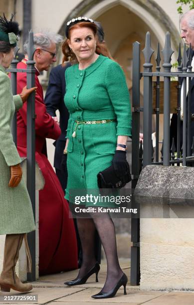 Sarah, Duchess of York departs from the Easter Mattins Service at St George's Chapel, Windsor Castle on March 31, 2024 in Windsor, England.