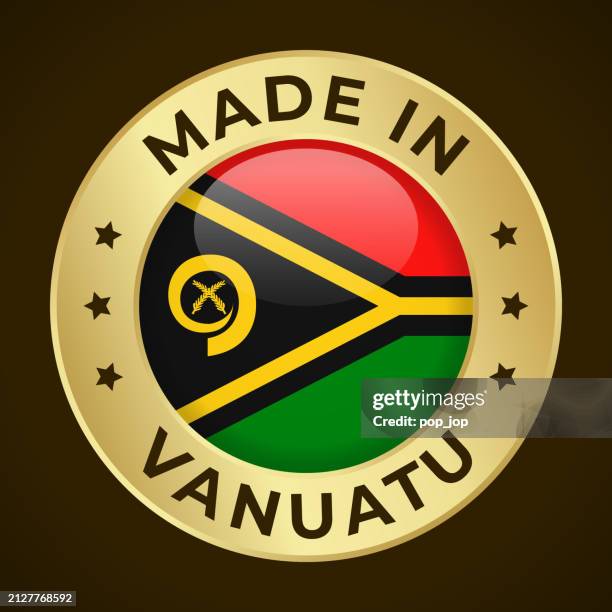 made in vanuatu - vector graphics. round golden label badge emblem with flag of vanuatu and text made in vanuatu. isolated on dark background - vanuatu flag stock illustrations