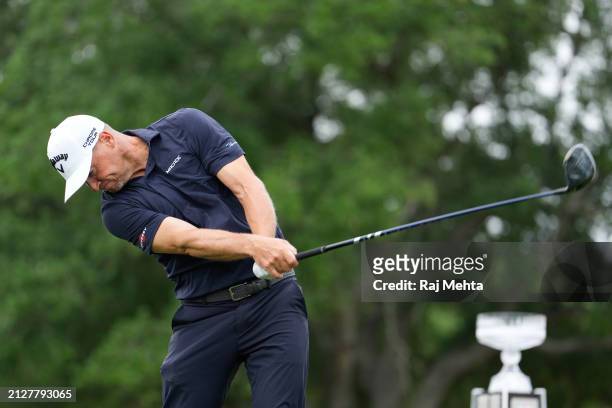 Alex Noren of Sweden hits a tee shot on the first hole during the final round of the Texas Children's Houston Open at Memorial Park Golf Course on...