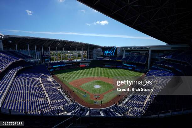 General view of loanDepot park with the roof open prior to a game between the Miami Marlins and the Pittsburgh Pirates at loanDepot park on March 31,...