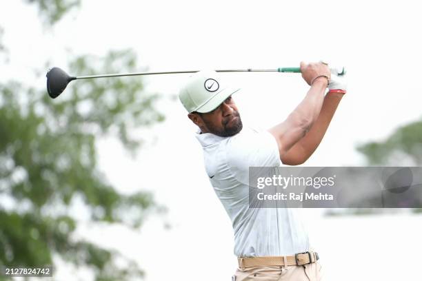 Tony Finau of the United States hits a tee shot on the first hole during the final round of the Texas Children's Houston Open at Memorial Park Golf...