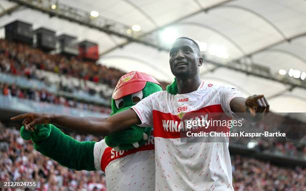 Sehrou Guirassy of VfB Stuttgart celebrates scoring his team's first goal during the Bundesliga match between VfB Stuttgart and 1. FC Heidenheim 1846...