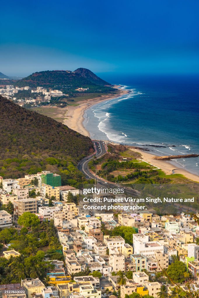 Aerial view of Vizag City from KailasaGiri park showing majestic beaches, Roads and hills