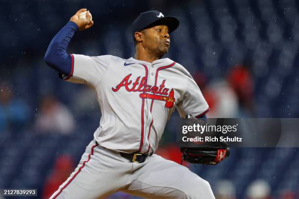 Raisel Iglesias of the Atlanta Braves in action against the Philadelphia Phillies during a game at Citizens Bank Park on March 30, 2024 in...