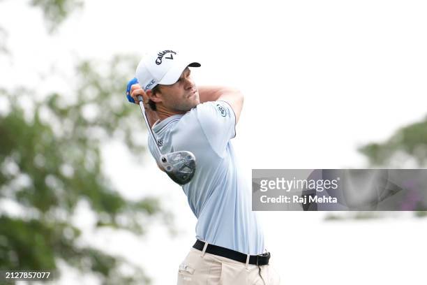 Thomas Detry of Belgium hits a tee shot on the first hole during the final round of the Texas Children's Houston Open at Memorial Park Golf Course on...