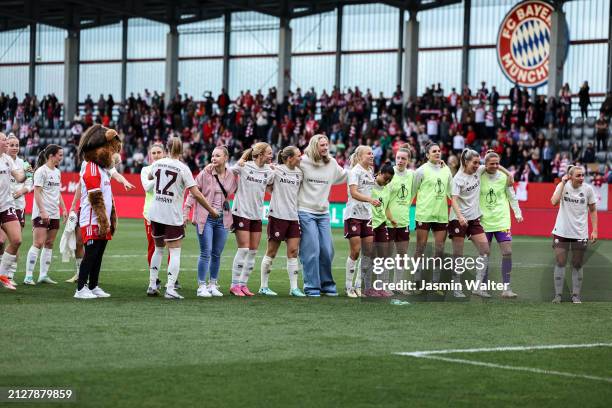 The team of FC Bayern München celebrate after the Women's DFB Cup semifinal match between FC Bayern München v Eintracht Frankfurt at FC Bayern Campus...