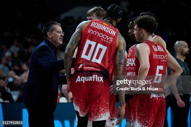 Coach Pedro Martinez of BAXI Manresa in action during ACB League match between Real Madrid and BAXI Manresa at WiZink Center on March 31, 2024 in...