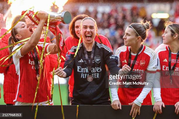 Manuela Zinsberger of Arsenal celebrates after their team's victory in the the FA Women's Continental Tyres League Cup Final match between Arsenal...