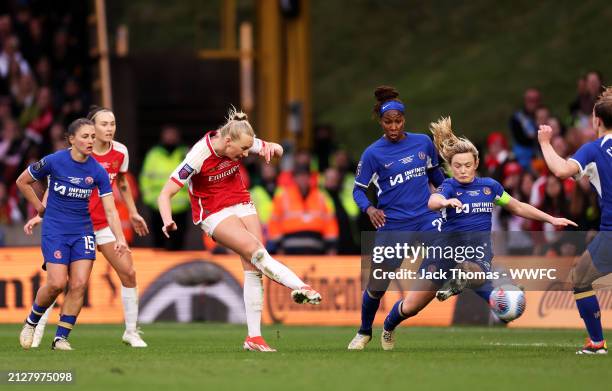 Stina Blackstenius of Arsenal scores their team's first goal during the FA Women's Continental Tyres League Cup Final match between Arsenal and...