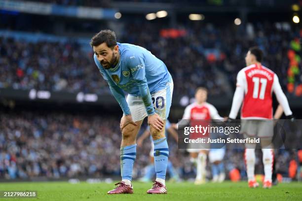 Bernardo Silva of Manchester City reacts during the Premier League match between Manchester City and Arsenal FC at Etihad Stadium on March 31, 2024...