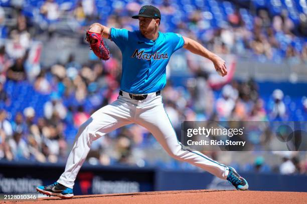 Trevor Rogers of the Miami Marlins throws a pitch against the Pittsburgh Pirates during the first inning at loanDepot park on March 31, 2024 in...