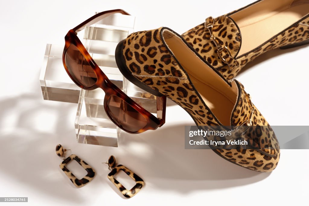 Set of Fashion Collection with Trendy Fashion Clothes for women loafer shoes in leopard print in beige and black colours, Horn rimmed sunglasses, earrings on glass podium on white color background.