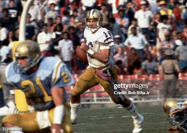 University of Washington Quarterback Steve Pelluer during game action of UCLA vs University of Washington, October 29, 1983 at Rose Bowl in Pasadena,...