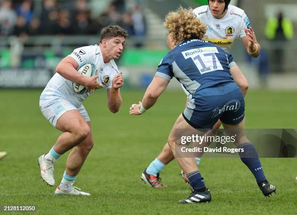 Dan Frost of Exeter Chiefs takes on Ross Harrison during the Gallagher Premiership Rugby match between Sale Sharks and Exeter Chiefs at the AJ Bell...