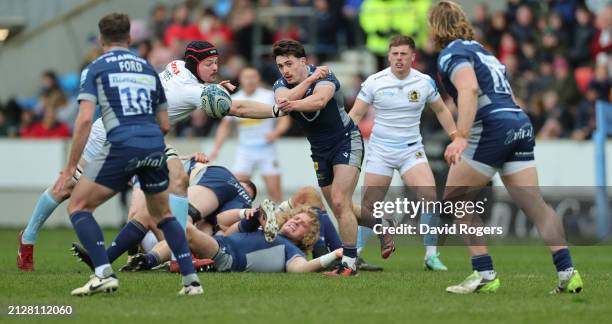 Raffi Quirke of Sale Sharks passes the ball during the Gallagher Premiership Rugby match between Sale Sharks and Exeter Chiefs at the AJ Bell Stadium...