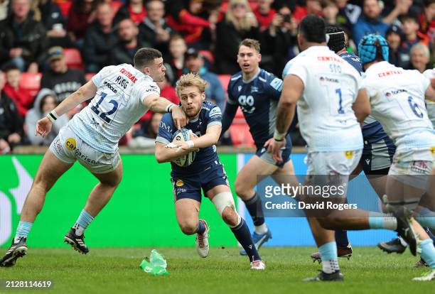 Gus Warr of Sale Sharks breaks to score his try during the Gallagher Premiership Rugby match between Sale Sharks and Exeter Chiefs at the AJ Bell...
