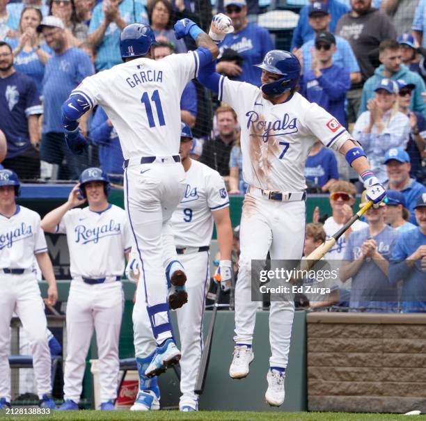 Maikel Garcia of the Kansas City Royals celebrates his home run with Bobby Witt Jr. #7 of the Kansas City Royals in the second inning against the...