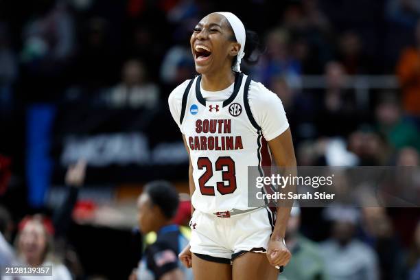 Bree Hall of the South Carolina Gamecocks celebrates after beating the Oregon State Beavers 70-58 in the Elite 8 round of the NCAA Women's Basketball...