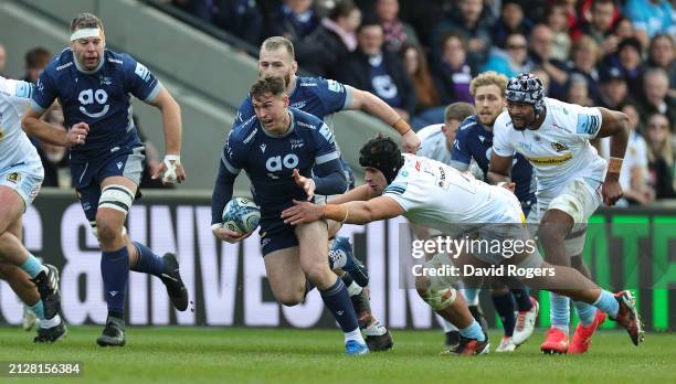 Tom Roebuck of Sale Sharks breaks with the ball during the Gallagher Premiership Rugby match between Sale Sharks and Exeter Chiefs at the AJ Bell...