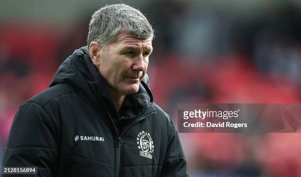 Rob Baxter, the Exeter Chiefs director of rugby looks on during the Gallagher Premiership Rugby match between Sale Sharks and Exeter Chiefs at the AJ...