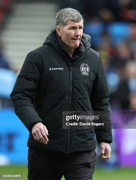 Rob Baxter, the Exeter Chiefs director of rugby looks on during the Gallagher Premiership Rugby match between Sale Sharks and Exeter Chiefs at the AJ...