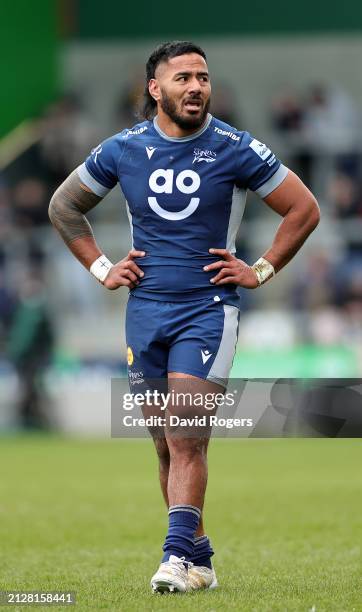 Manu Tuilagi of Sale Sharks looks on during the Gallagher Premiership Rugby match between Sale Sharks and Exeter Chiefs at the AJ Bell Stadium on...