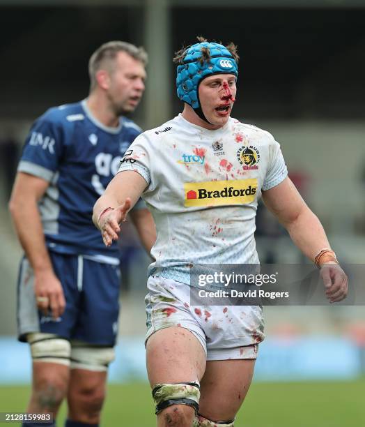 Blooded Ross Vintcent of Exeter Chiefs looks on during the Gallagher Premiership Rugby match between Sale Sharks and Exeter Chiefs at the AJ Bell...