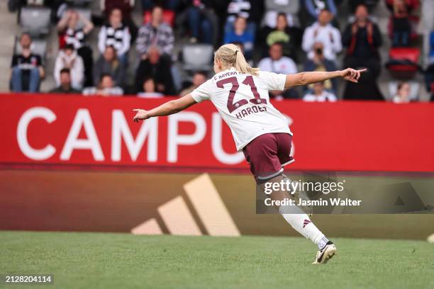 Pernille Harder of FC Bayern München celebrates during the Women's DFB Cup semifinal match between FC Bayern München v Eintracht Frankfurt at FC...