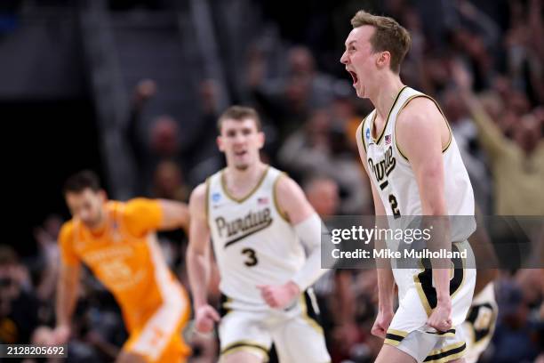 Fletcher Loyer of the Purdue Boilermakers celebrates a basket against the Tennessee Volunteers during the second half in the Elite 8 round of the...