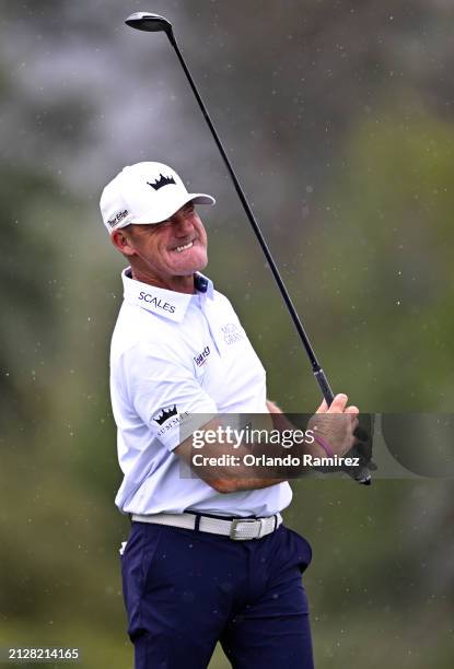 Alex Cejka of Germany plays his shot from the sixth tee during the third round of The Galleri Classic at Mission Hills Country Club on March 31, 2024...