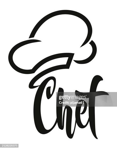 chef cooking logo mit hut und schriftzug. - kochmütze stock-grafiken, -clipart, -cartoons und -symbole