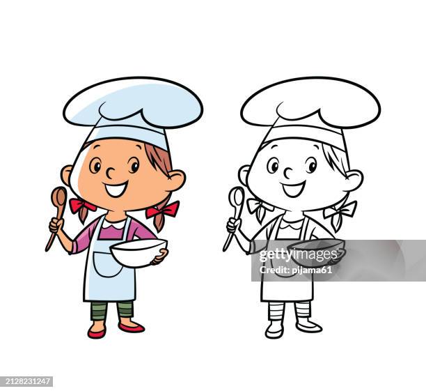 ilustraciones, imágenes clip art, dibujos animados e iconos de stock de niña chef cocinando en la cocina. dibujo vectorial para colorear en blanco y negro. - colorear