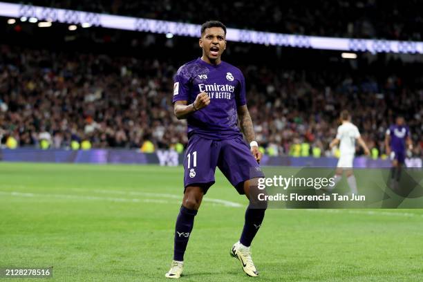 Rodrygo of Real Madrid celebrates scoring his team's second goal during the LaLiga EA Sports match between Real Madrid CF and Athletic Bilbao at...