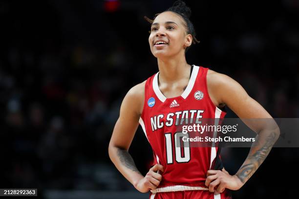 Aziaha James of the NC State Wolfpack looks on during the first half against the Texas Longhorns in the Elite 8 round of the NCAA Women's Basketball...