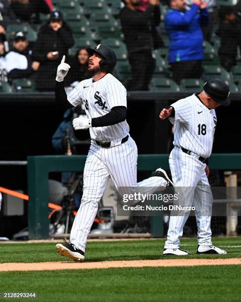 Paul DeJong of the Chicago White Sox celebrates a home run during the seventh inning of a game against the Detroit Tigers at Guaranteed Rate Field on...