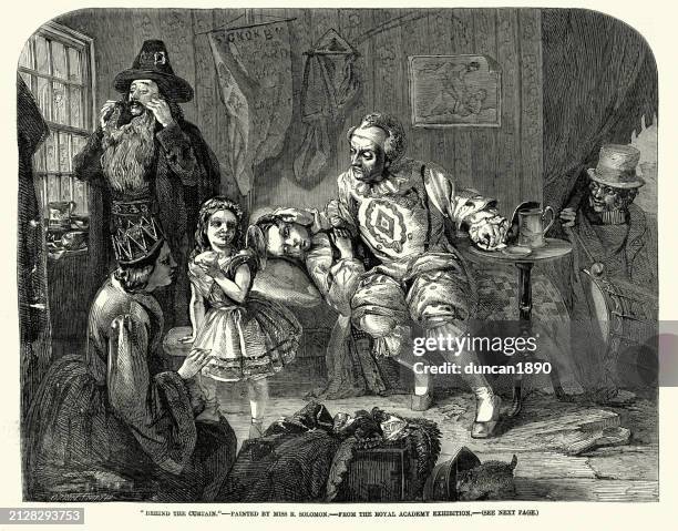 behind the theatre circus curtain, clown and performers waiting, victorian, 1850s, 19th century - adults acting like kids stock illustrations