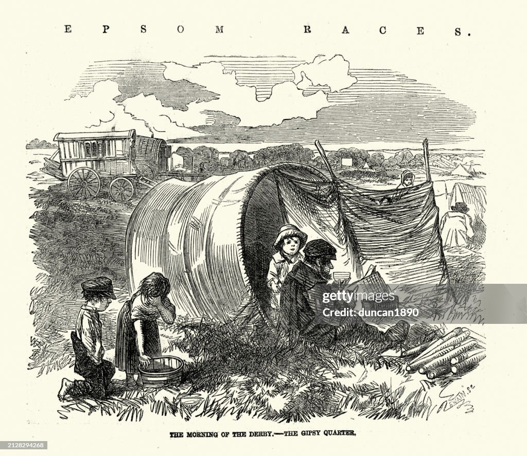 Epsom Races, Morning of the Derby, Gipsey camp site and caravans 1850s, 19th Century