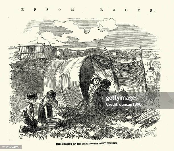 epsom races, morning of the derby, gipsey camp site and caravans 1850s, 19th century - gypsy caravan stock illustrations