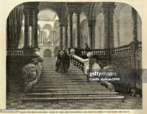 ilustraciones, imágenes clip art, dibujos animados e iconos de stock de palazzo en la strada balbi, génova, italia, según la pintura de s. read, década de 1850, siglo xix - strada