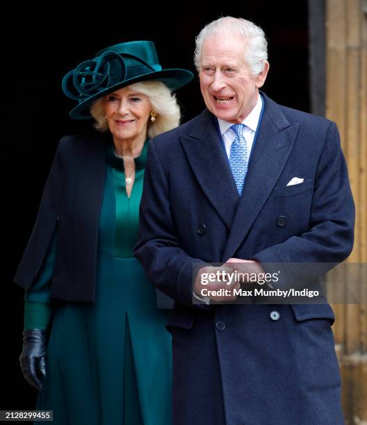 Queen Camilla and King Charles III attend the traditional Easter Sunday Mattins Service at St George's Chapel, Windsor Castle on March 31, 2024 in...