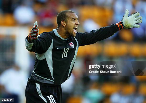 Tim Howard of the USA shouts at his team mates during the Confederations Cup Group A match between Turkey and USA on June 19, 2003 at the Stade...
