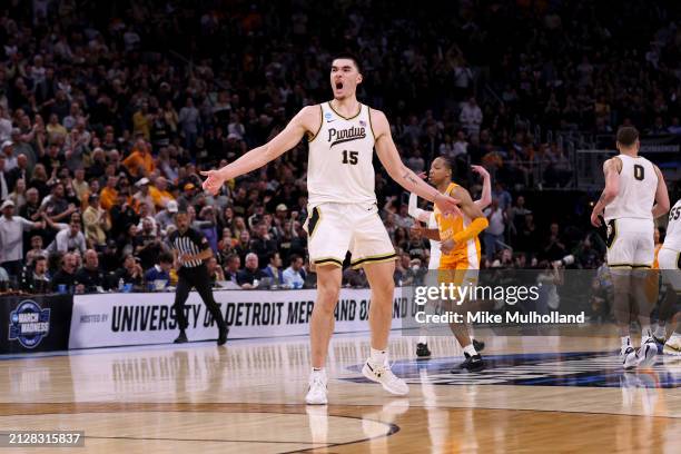 Zach Edey of the Purdue Boilermakers celebrates against the Tennessee Volunteers during the second half in the Elite 8 round of the NCAA Men's...