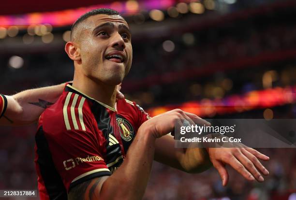 Giorgos Giakoumakis of Atlanta United reacts after scoring a goal against the Chicago Fire during the first half at Mercedes-Benz Stadium on March...